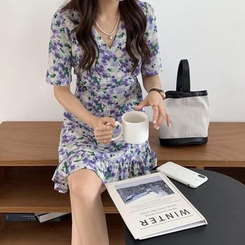 Irregular Ruffled Floral Dress Women Fashion Simple Loose Dress Woman Casual Slim V-Neck Mini Dresses Ladies Summer 2021