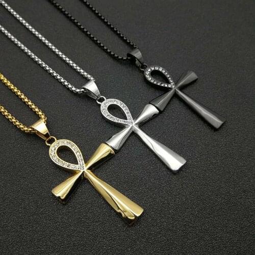 Egyptian Ankh Cross Pendant Necklace Gold/Silver Color Iced Out Bling Chain Stainless Steel Ancient Egypt Jewelry Dropshipping
