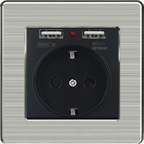 Germany Black Dual Usb Charging Port 5v 2.1a Wall Charger Adapter Led Indicator 16a Eu Socket Power Outlet Stainless Steel Panel