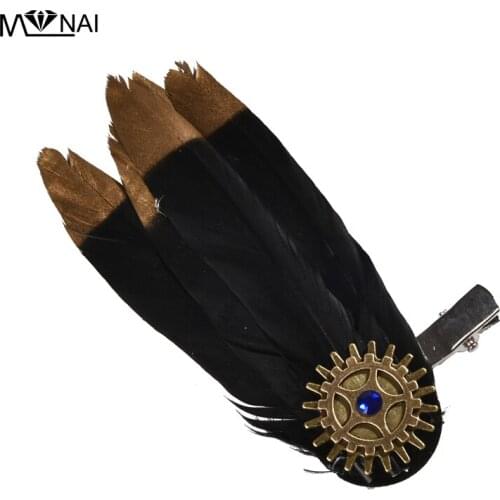 Steam Punk Clock Cogs Feather Hair-Clip Gothic Retro Gear Crystal Barrette Vintage Lolita Feathers Headpiece Handmade