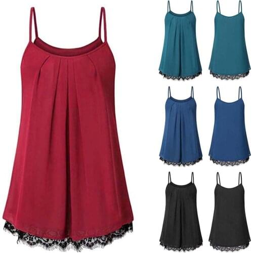Hitmebox 2019 New Summer Spaghetti Straps Chiffon Tank Tops Solid Color Sleeveless Loose Camisole Pleated Lace Trimming Shirt