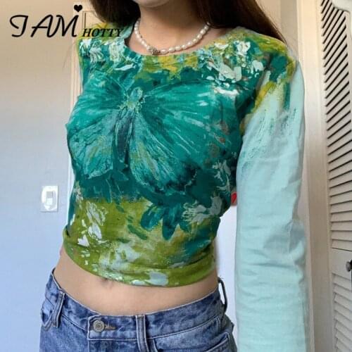 Art Butterfly Forest Printed Cropped Top Tee Women y2k Grunge Clothes Green Long Sleeve Tops Graphics T Shirts Autumn Iamhotty