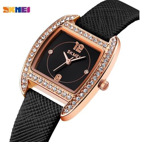Classic Black Quartz Women Watches SKMEI Brand Top Luxury Diamond Clock Ladies Dress Watch Vintage Leather Strap Casual Hours