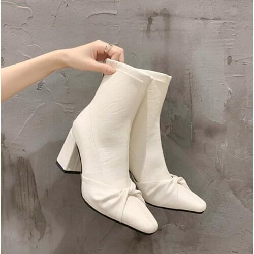 LNS Women High Heels Ankle Boots Lady Riding Botas Autumn Thick With Chelsea Shoes Ladies Sexy Square Toe Casual Footwear
