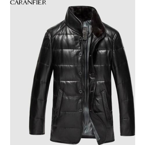 CARANFIER Leather Down Coat Men Luxury Genuine Leather High Quality Men Sheepskin Winter Jacket Mink Fur Collar Veste Cuir Homme