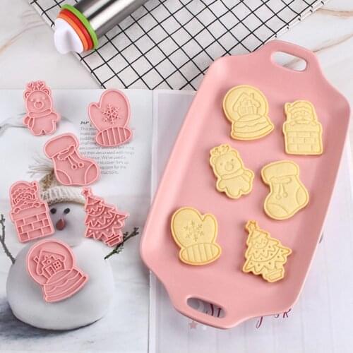 New 6pcs Cookie Stamp Biscuit DIY Mold Christmas 3D Cookie Cake Plunger Cutter Baking Mould Xmas Cookie Cutters Color Random