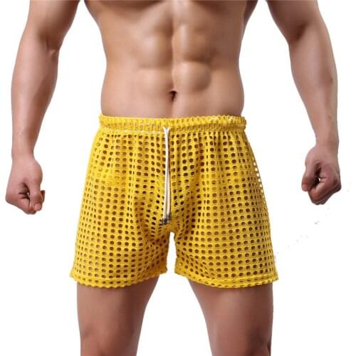New Mens Drawstring Fishnet Underwear Hollow Out See-Through Mesh Boxer Shorts Pants Sleepwear 6 Colors Free Shipping
