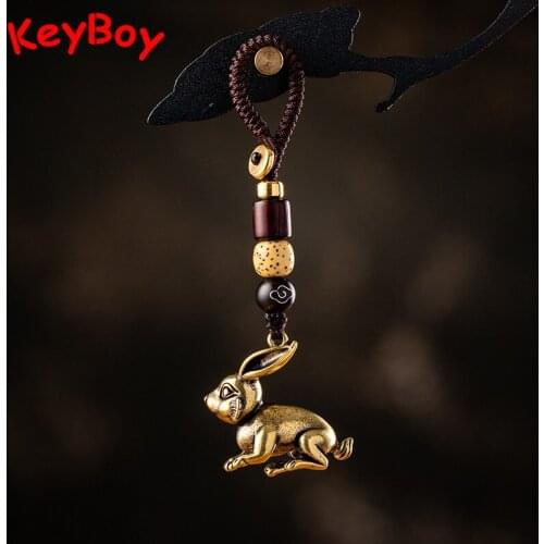 Retro Brass Zodiac Rabbit Car Keychain Pendant Braided Rope Copper Animal Key Chain Rings Hanging Jewelry Fashion Backpack Decor