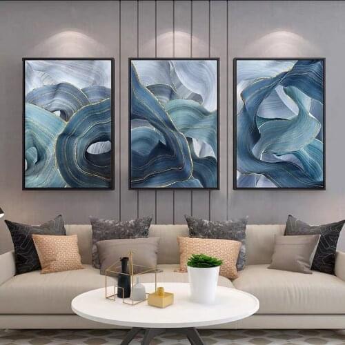 Modern Minimalist Gold Line Blue Wave Geometry Posters and Prints Canvas Paintings Wall Art Pictures for Living Room Decor