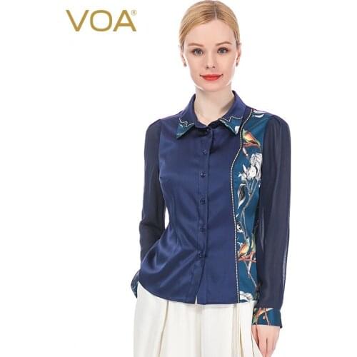 VOA silk print turntable perspective long-sleeved open-line pin asymmetrical flower bird pattern stitching original shirt B8158
