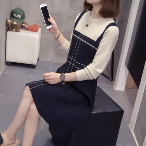 Knitted Dress Female Spring Autumn 2020 New Fashion Slim Hit Colors Spliced Sweater Fake Two Piece Loose Jumpers Knitwear y914