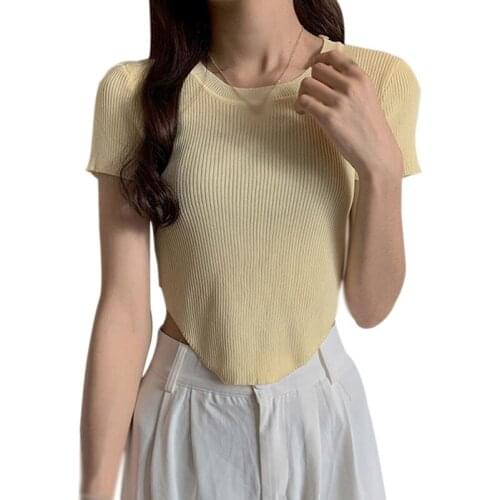 Women O Neck Irregular Simplicity Casual Tee Slim Exposed Navel Knitted Short Sleeve T Shirt Top