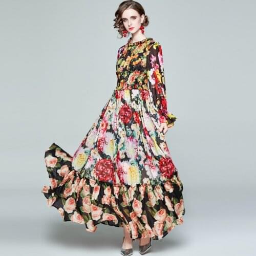 ZUOMAN Women Autumn Elegant Rose Print Dress Festa High Quality Long Maxi Party Robe Femme Vintage Designer Chiffon Vestidos