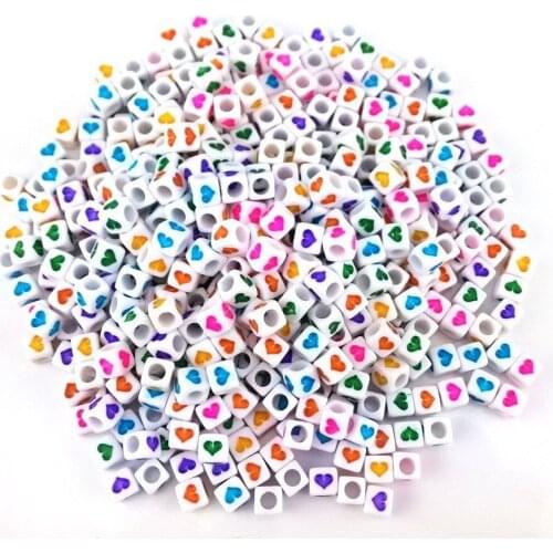 100pcs/bag Assorted Heart Design Acrylic Beads, 7MM Mixed Colorful Perforated Cube Beads Spacer Beading For DIY Jewely Making