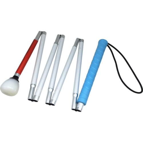 125cm- 155cm, 7-Section Aluminum Blind Cane,Reflective White and Red, Folding Walking Stick for Blind People, Blue Handle