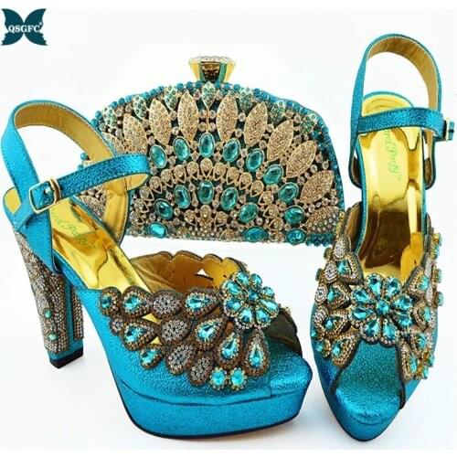 2021 African Lastest Italian Design Party Wedding Women Shoes and Bag Set Decirated With Rhinestone in Sky Blue Color