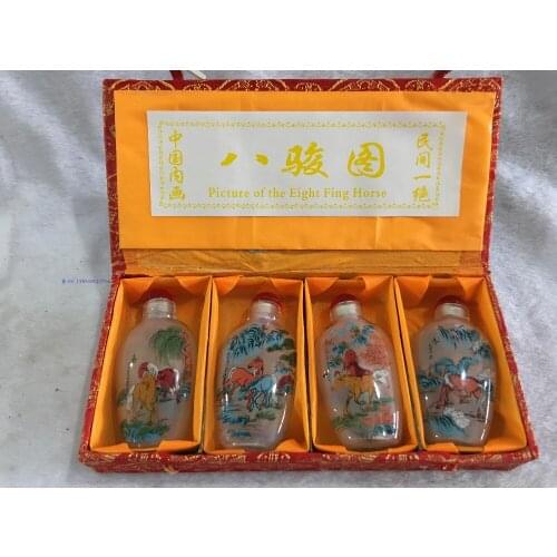 4pc Chinese antique 8 figure Eight steed painting glass SNUFF BOTTLE-painting home decoration SNUFF BOTTLE