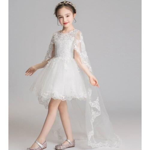 White Lace Flower Girl Dresses Long Trailing Party Pageant Communion Gown for Wedding Little Girls Princess Evening Dress