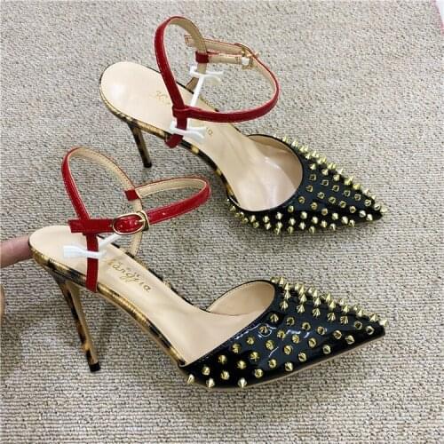 Free shipping new style 2020 black spikes rivest point toe slingback high heels sandals shoes 12cm 10cm 8cm