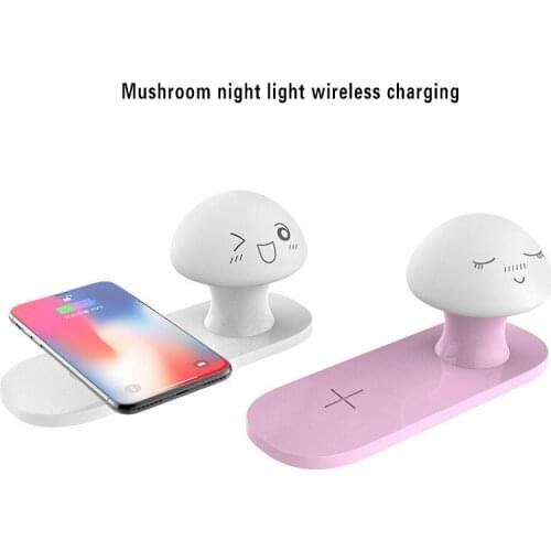 2-in-1 Quick Charge QI Wireless Charger Full Load Charge Pad with Small Mushroom Night Light Decoration for iPhone X XS MAX XR 8