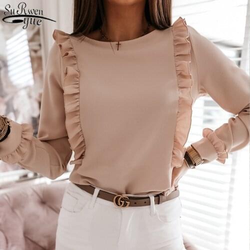 Fashion O-neck Blouse Women Vintage Woman Shirt 2021 Autumn Cotton Solid Korean Tops Long Sleeve Office Lady Clothes 10620