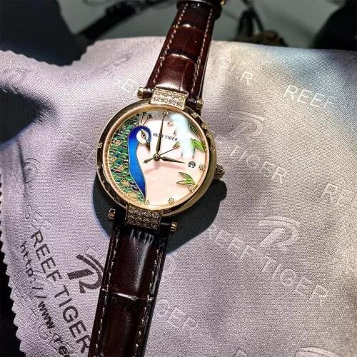 Reef Tiger/RT Top Brand Gold Rose Luxury Automatic Watch Fashion Ladies Leather Strap Sapphire Glass Date Mechanical Watch
