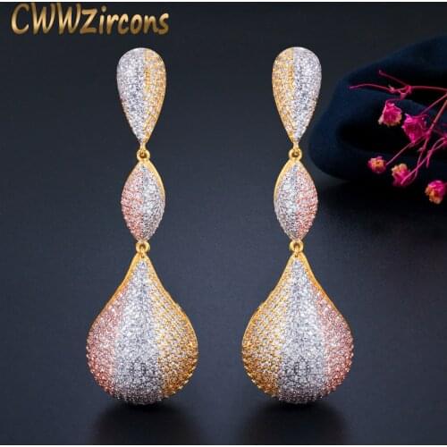 CWWZircons Luxury Water Drop Balls Long Dangle Earrings for Women Wedding Micro CZ Zircon Dubai Indian 3 Tone Gold Jewelry CZ670
