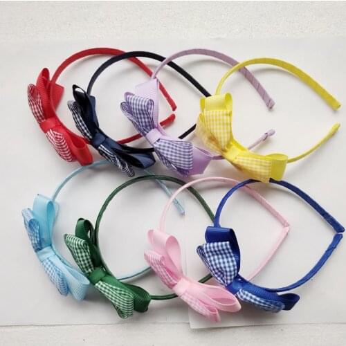 10pcs girl gingham plaid hair bows with hard hairbands ribbon lined fully wrapped Plastic head bands headwear accessories FJ3149