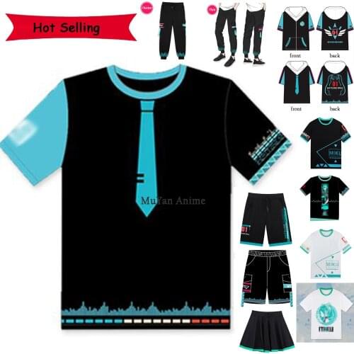 Anime Vocaloid Miku Cosplay Costumes Black T-Shirt Shorts Brand Clothing Men O-Neck Active Zipper T Shirt Shorts Sports Trousers