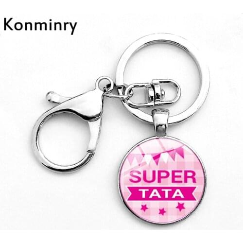 Konminry Hook Lobster Clasp Super Marraine Tata Parrain Key Chain Round Glass Dome Pendant Cute Pink Color Teacher Keychain