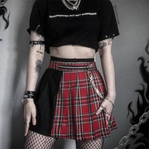 Skirt Dark Plaid Striped Patchwork Panelled Bottom Gothic High Waist Pleated Mini Skirts Korean Fashion Streetwear