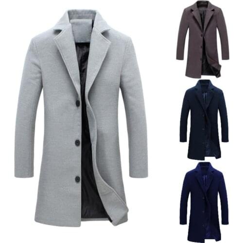 80% HOT SALES!!!Fashion Men Winter Solid Color Long Woolen Coat Single Breasted Jacket Overcoat