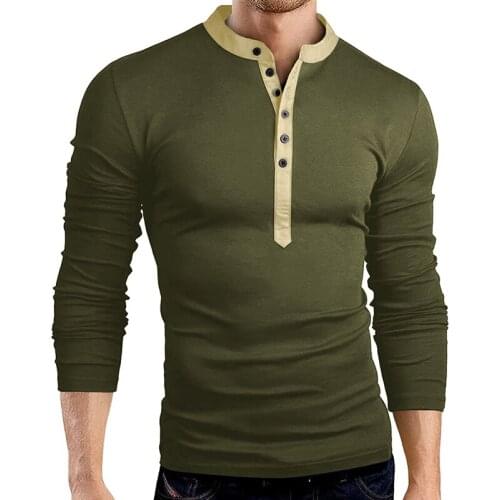 New Mens Slim Fit V Neck Button Long Sleeve Muscle Tee T-shirt Casual Tops Henley Shirts For Male Spring Autumn Men Clothing