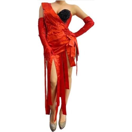 2020 New Black Rhinestone Red Fringe Bodysuit Stone Gloves One Shoulder Dancer Show Outfit Prom Party Birthday Wear Bodysuit