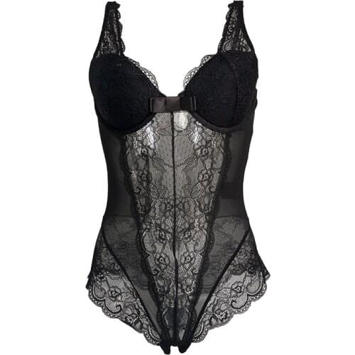 Solid Black Floral Lace See-through Sexy Hollow Out Big Bowknot Sleeveless Women Bodysuit Sexy Lingerie Teddy underwear SLA044