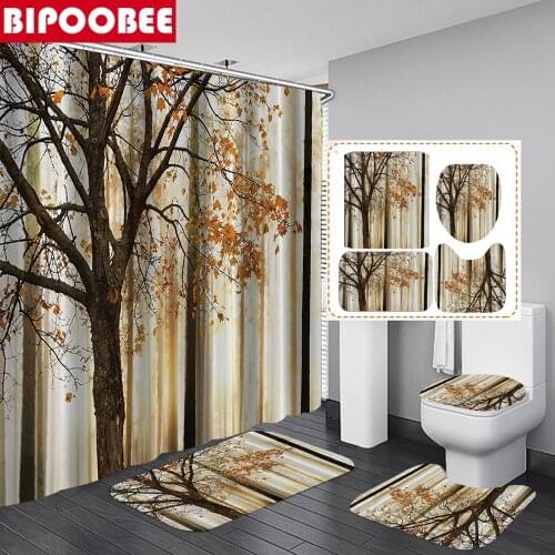 Autumn Shower Curtain Abstract Woodland Background Decorative Curtains for Bathroom Bath Mat Non-Slip Carpet Toilet Lid Cover