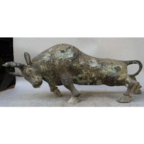 Song voge gem S1698 24" Old Chinese Bronze Folk Animal Zodiac Year Bull Oxen flower sculpture Statue