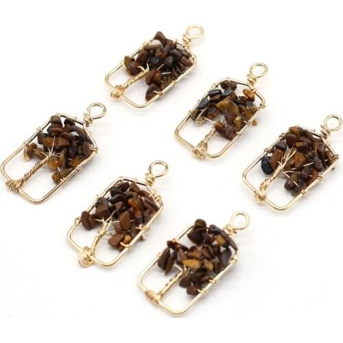 Natural Stone Rectangle Tiger Eye Stone Pendant With Gold Thread for Jewelry Making DIY Necklace Earring Accessories 20x43mm