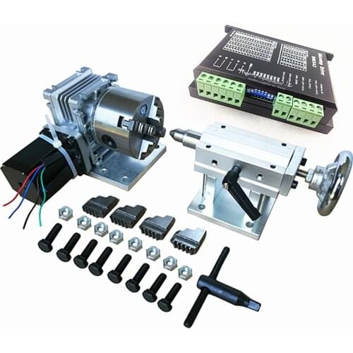 57 Step motor Rotary axis A axis 4th axis tailstock with 80mm 4 jaw chuck for CNC router dividing head