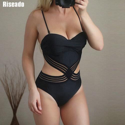 Riseado Sexy Mesh Monokini One Piece Swimsuit Push Up Swimwear Women 2021 Black Ruched Bathing Suit Women Swimming Suits