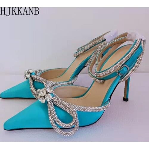 Crystal Bowknot Decor Sandals Women Ankle Strap Rhinestone Runway High Heels Pointed Toe Slingback Stilettos Party Dress Shoes