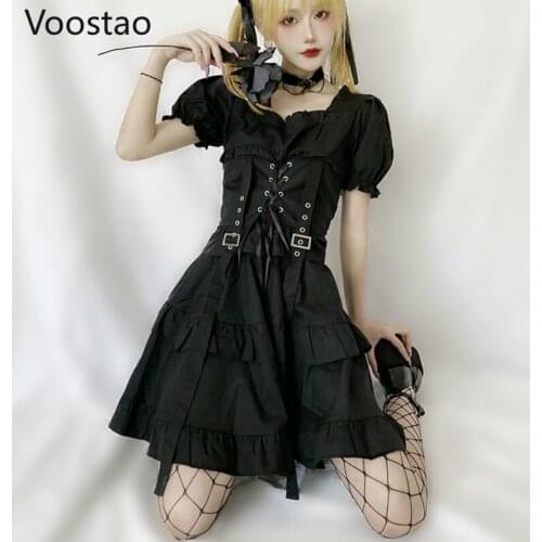 Sexy Black Gothic Lolita Dress Summer Women Dark Puff Sleeve Slim Party Dresses Victorian Vintage Girl Chic Punk Cool Mini Dress