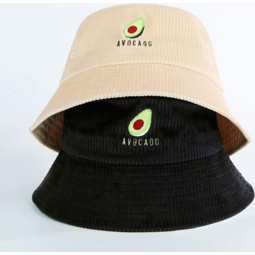 Avocado embroidery fisherman hat women autumn and winter Japanese wild corduroy large brim hat travel sun bucket hat