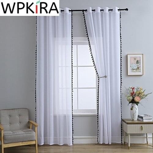Tassel Lacework Sheer Voile Curtain Black Pom Pom Curtain for Living room Modern Linen White Grey Semi-Sheer Window Panel WP276E