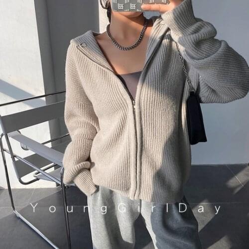 TVVOVVIN Winter Streetwear Long Sleeve Loose Hooded Sweater Women European Casual Large Size Knitting Zipper Cardigan NKYP