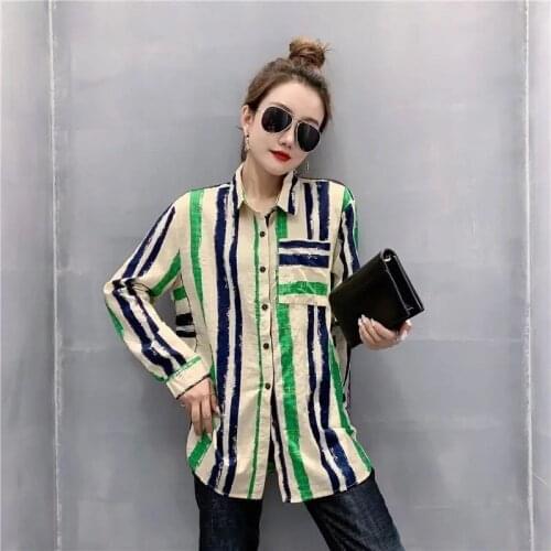 Cotton Women Shirts Stripe Long Sleeve Polo-Neck Vintage Korean Style Blouses Spring Summer Ladies Loose Blusas Tops MM0733