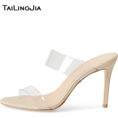 Strappy High Heel Clear Sandals Womens Heeled Transparent Heels PVC Mules Stiletto Mid Heel Slippers Ladies Summer Shoes 2019