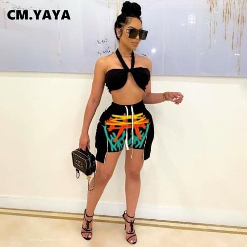 CM.YAYA Women Set Bandage Halter Crop Tops Colorful Draw String Skinny Shorts Two 2 Piece Sets Fashion Outfit Summer Tracksuit