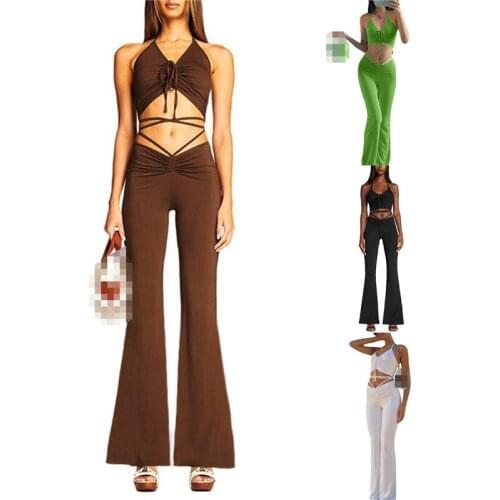2Pcs Women Summer Outfits Casual Clothing Sets Solid Color Strappy Halter Neck Vest + High-Waist Flared Trousers for Girls