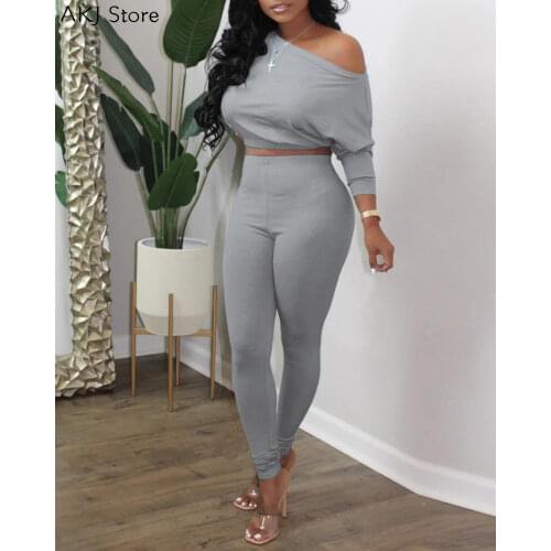 Women Solid One Shoulder Crop Top & High Waist Pants Set